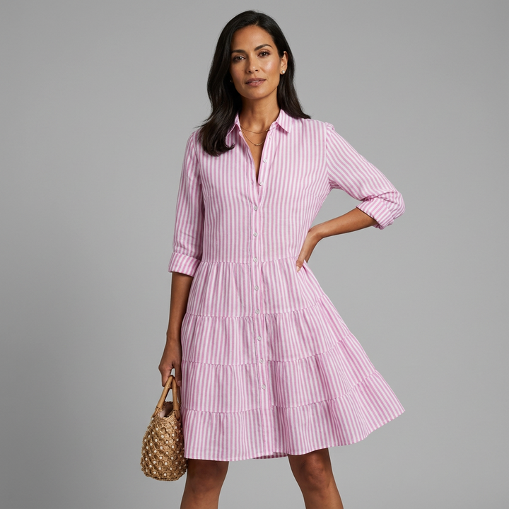 Striped shirt summer dress in a relaxed, flowing silhouette with a feminine collar detail