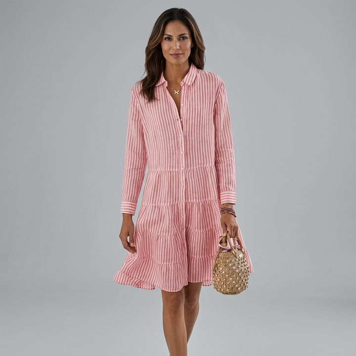 Striped shirt summer dress in a relaxed, flowing silhouette with a feminine collar detail