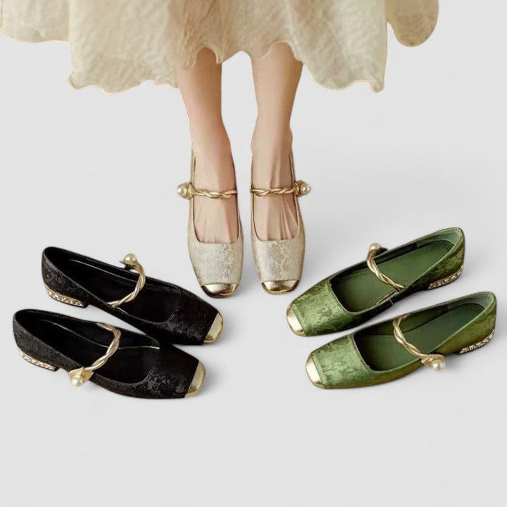 A woman in sparkling Mary Jane shoes with a low block heel at an evening celebration.