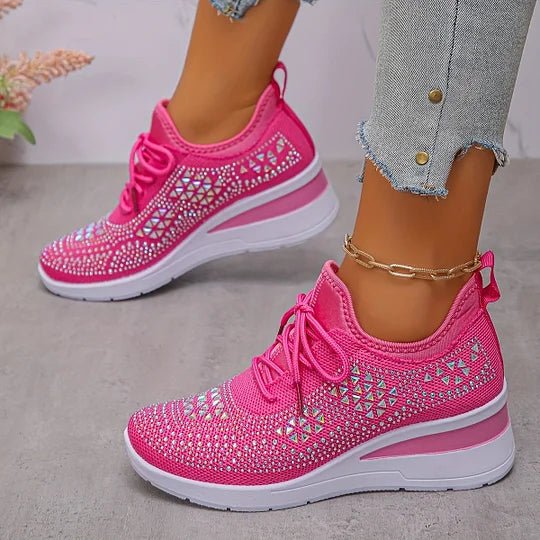 A woman walking comfortably outdoors in supportive everyday shoes.