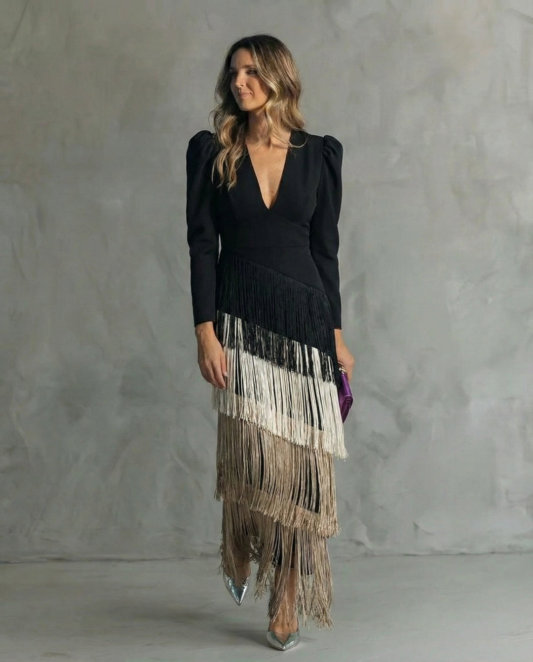 Women's light green fringe occasion dress with a figure-skimming cut and deep V-neckline
