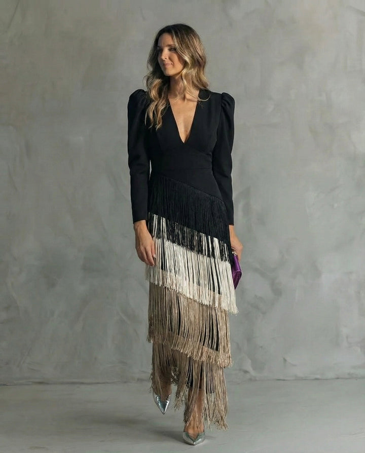 Women's light green fringe occasion dress with a figure-skimming cut and deep V-neckline