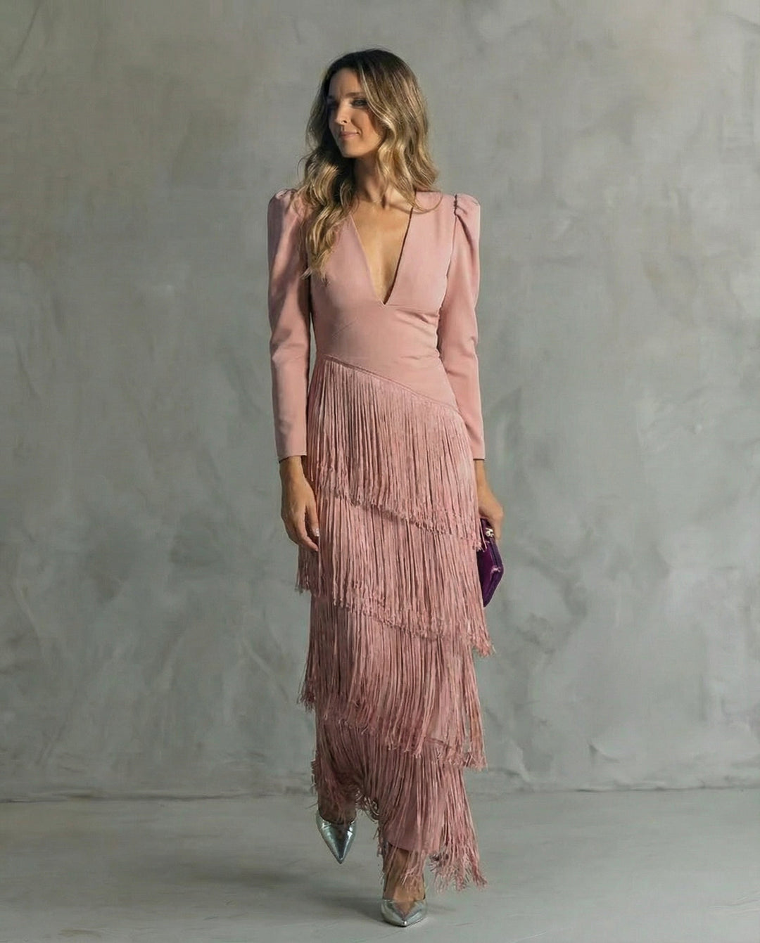 Women's light green fringe occasion dress with a figure-skimming cut and deep V-neckline