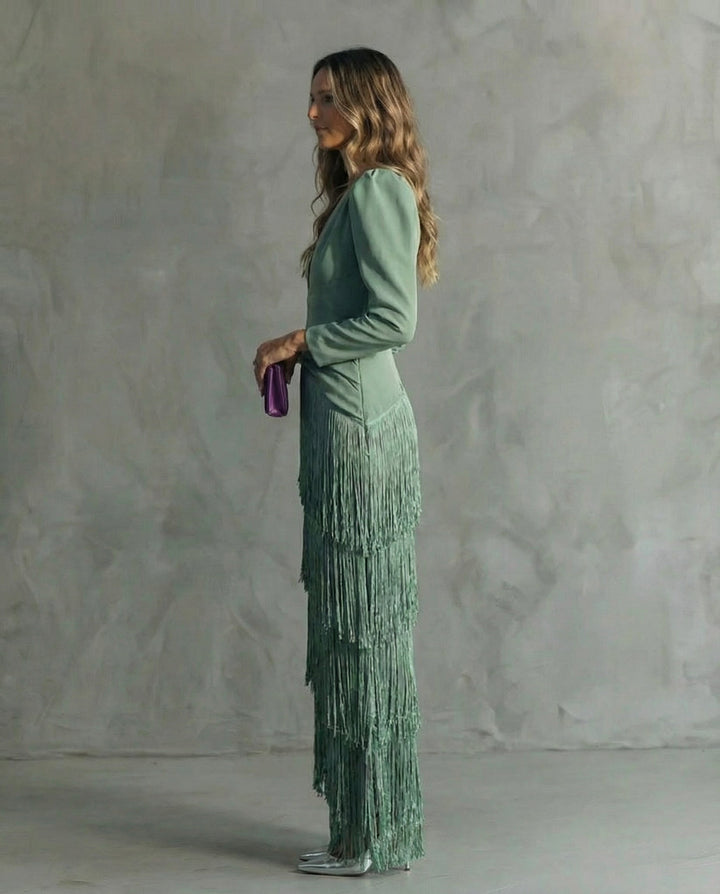 Women's light green fringe occasion dress with a figure-skimming cut and deep V-neckline