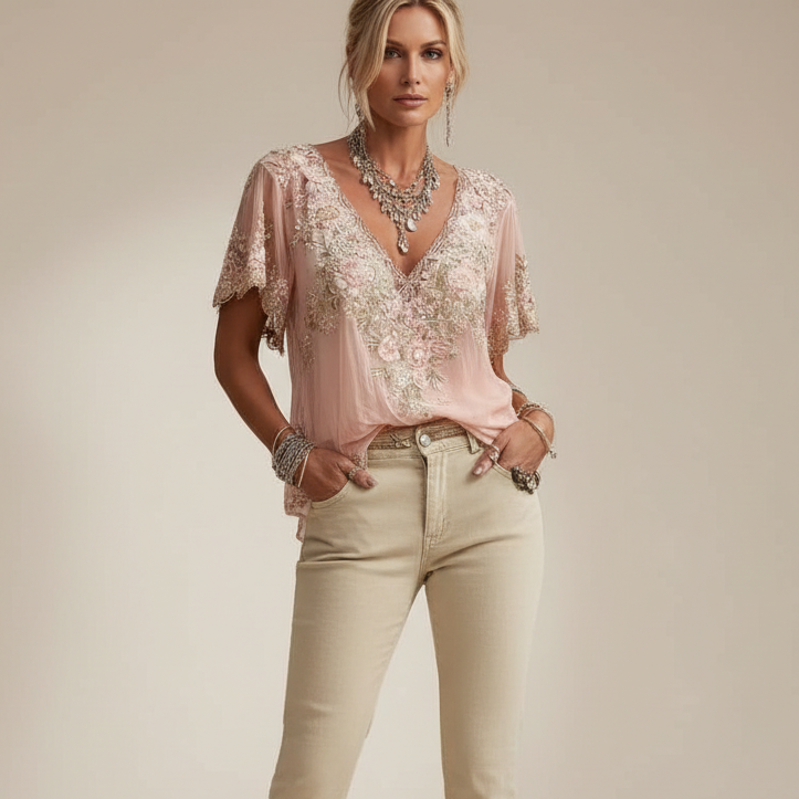 ELISE | Women’s Vintage Embroidered Floral V-Neck Top