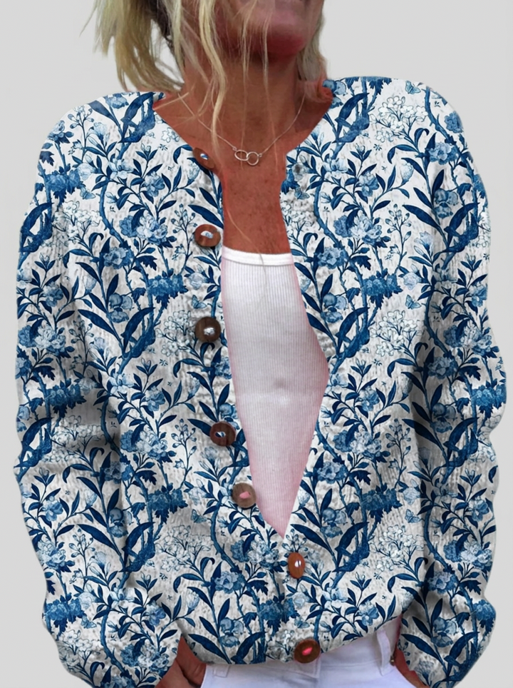 Nuala™ | Cardigan with Blue Leaves