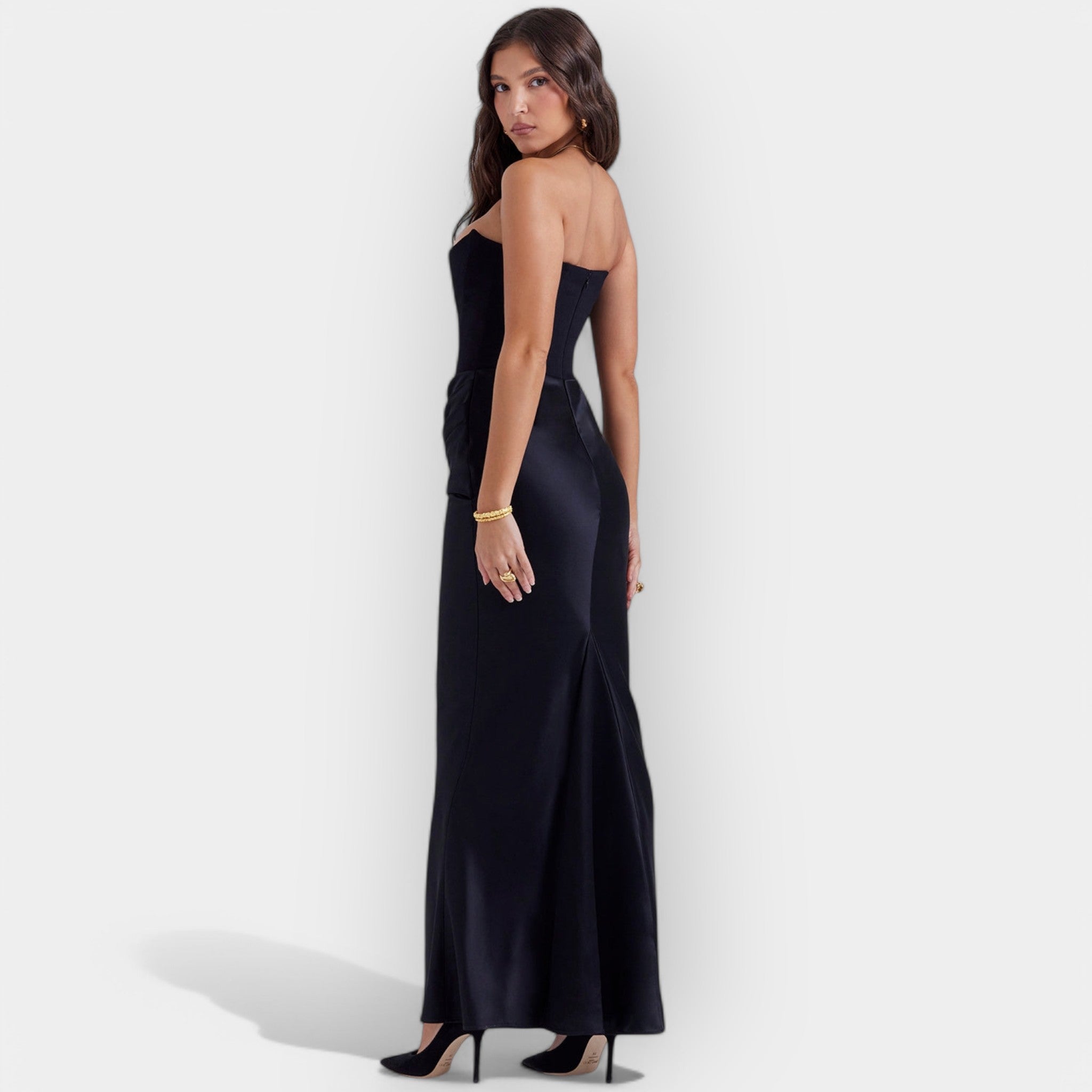 Women's minimalist maxi dress in black with a fluid drape and clean, elegant silhouette