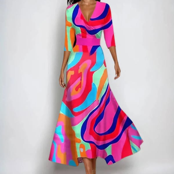 Woman wearing the Claire floral midi dress with wrap neckline and flowing skirt at a celebration.
