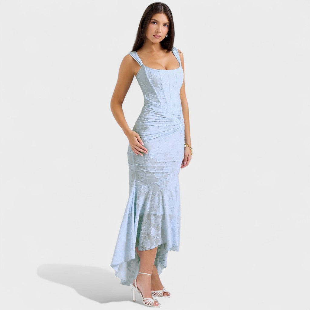 A romantic cream midi dress with square neckline and asymmetric hem, styled for a garden party