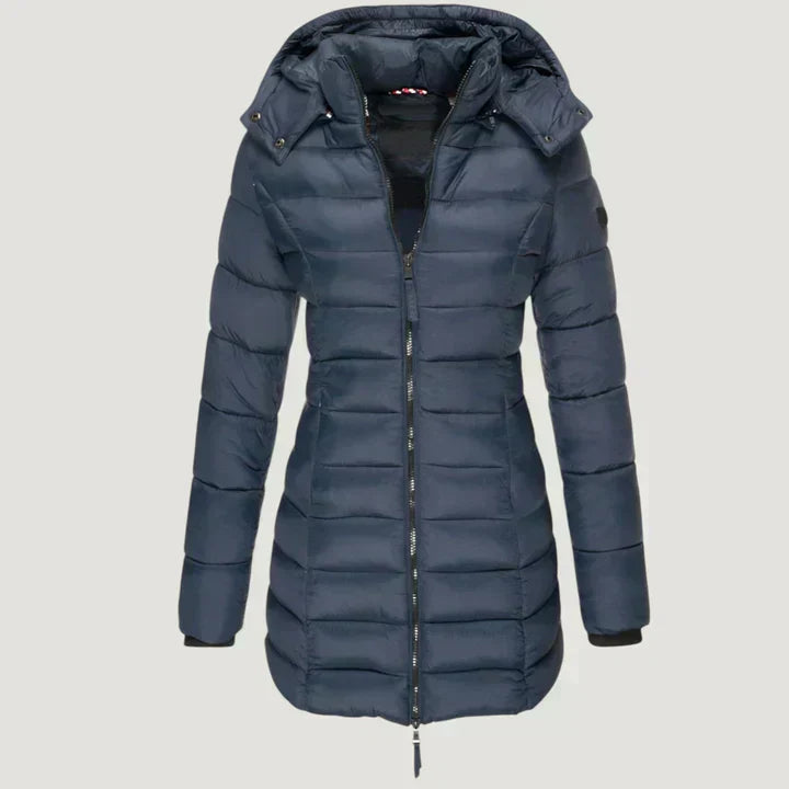 Windproof winter jacket in blue, green, black and grey with an elegant longer-length silhouette