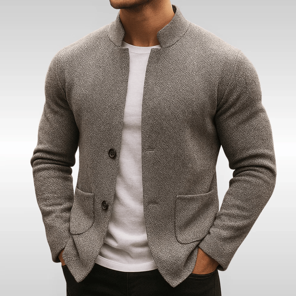 Men's minimal button-up overshirt in grey with a stand collar and structured texture