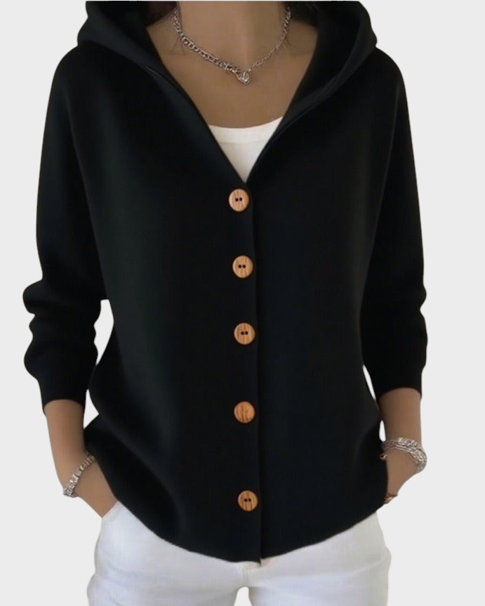 Relaxed oversized hooded cardigan with large buttons in rose pink, beige and blue shades