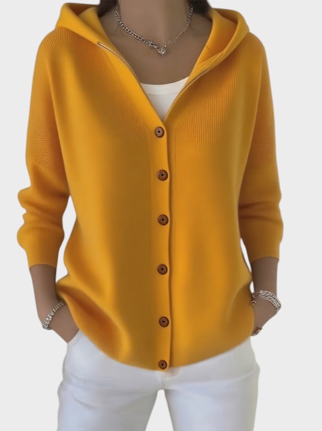 Relaxed oversized hooded cardigan with large buttons in rose pink, beige and blue shades