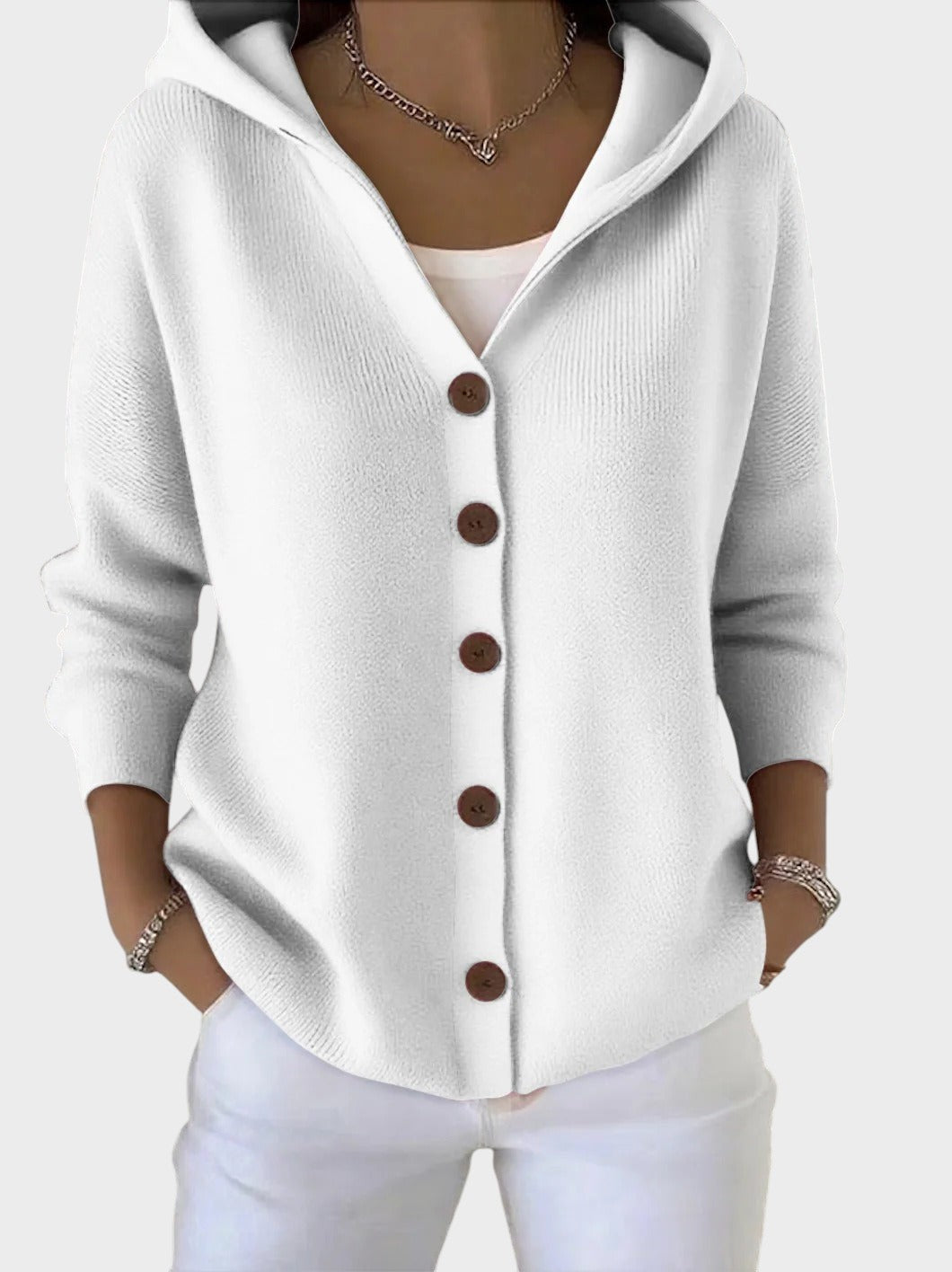 Relaxed oversized hooded cardigan with large buttons in rose pink, beige and blue shades