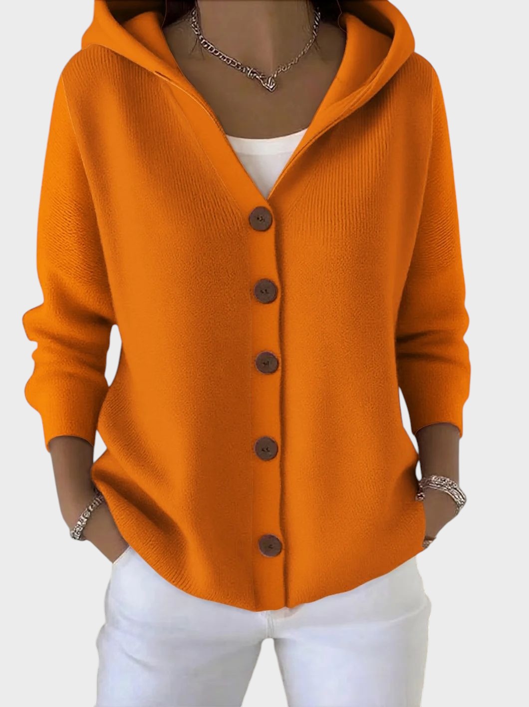 Relaxed oversized hooded cardigan with large buttons in rose pink, beige and blue shades