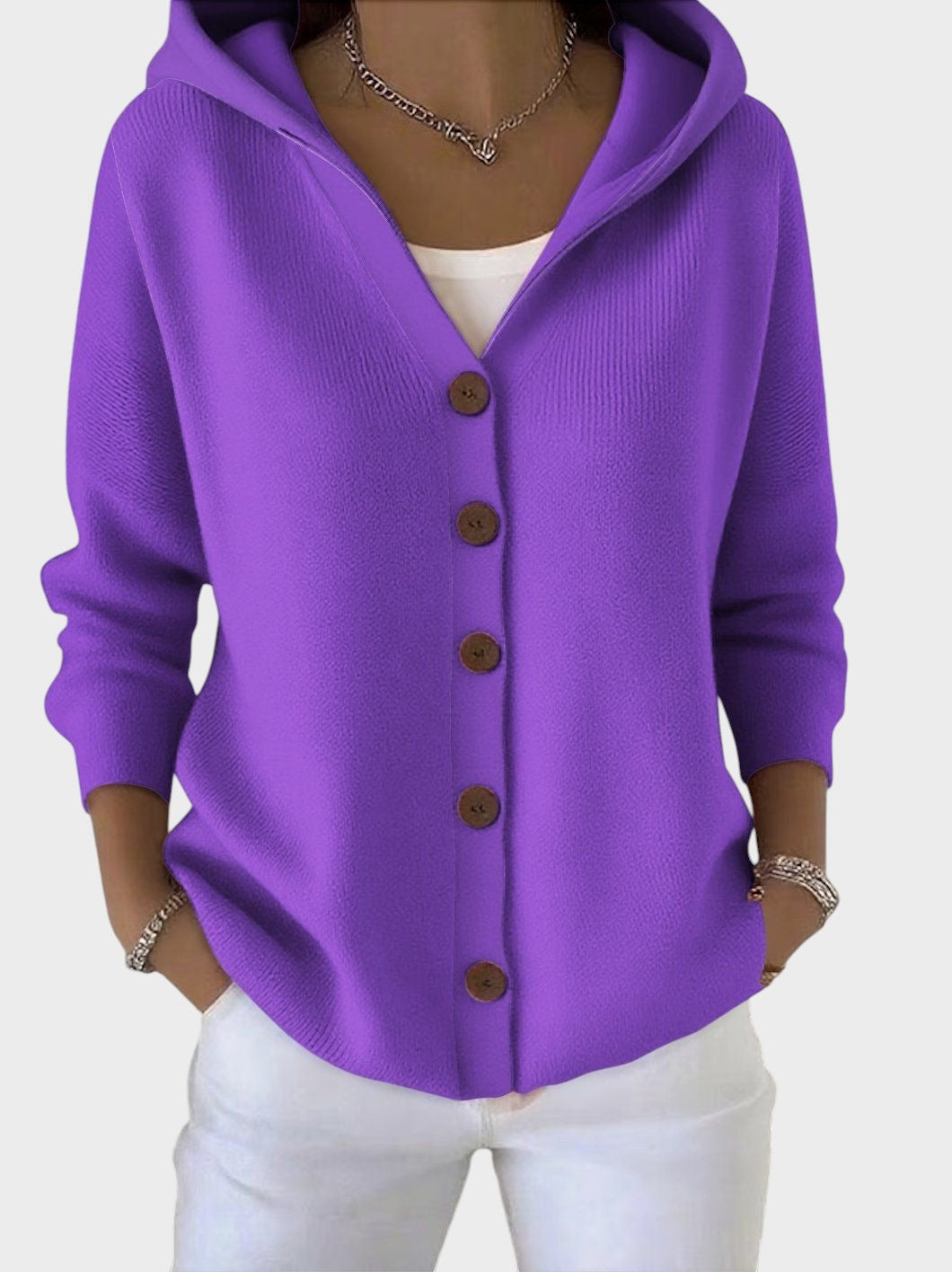 Relaxed oversized hooded cardigan with large buttons in rose pink, beige and blue shades