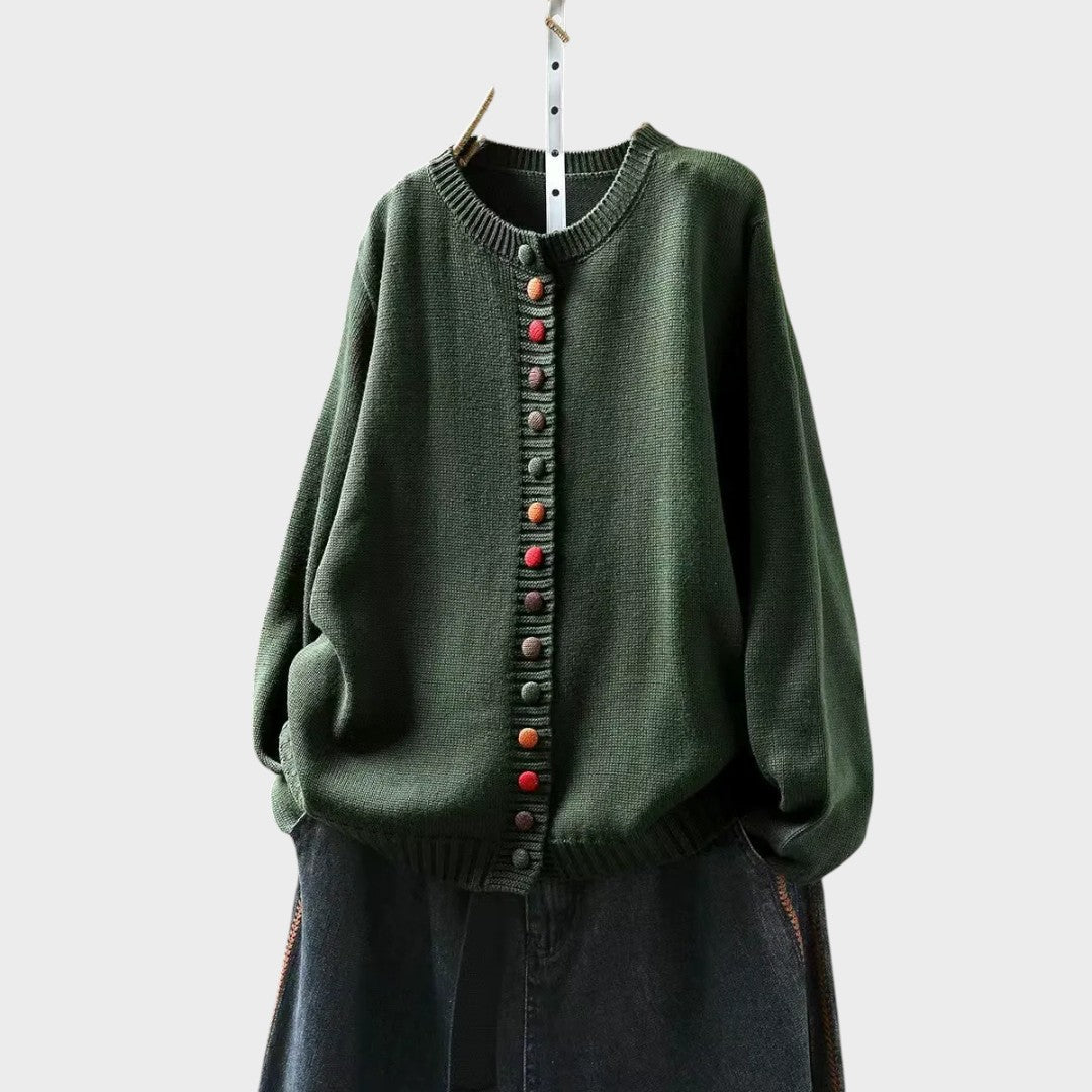 Elegant everyday cardigan in beige, dark brown and green tones with a clean, fitted silhouette