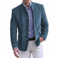 Men's structured jacket in blue with a stand collar and clean tailored silhouette