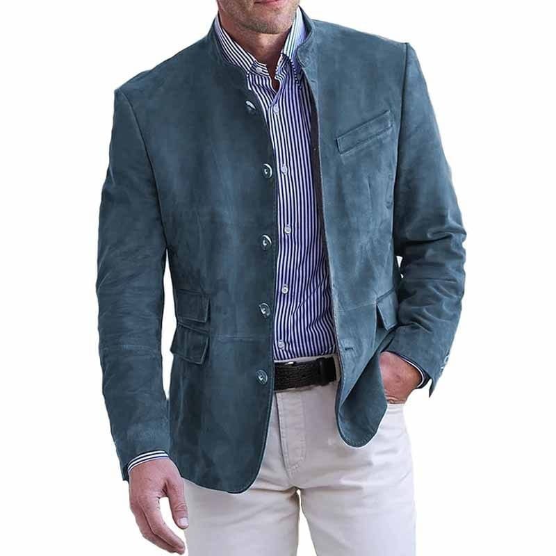 Men's structured jacket in blue with a stand collar and clean tailored silhouette
