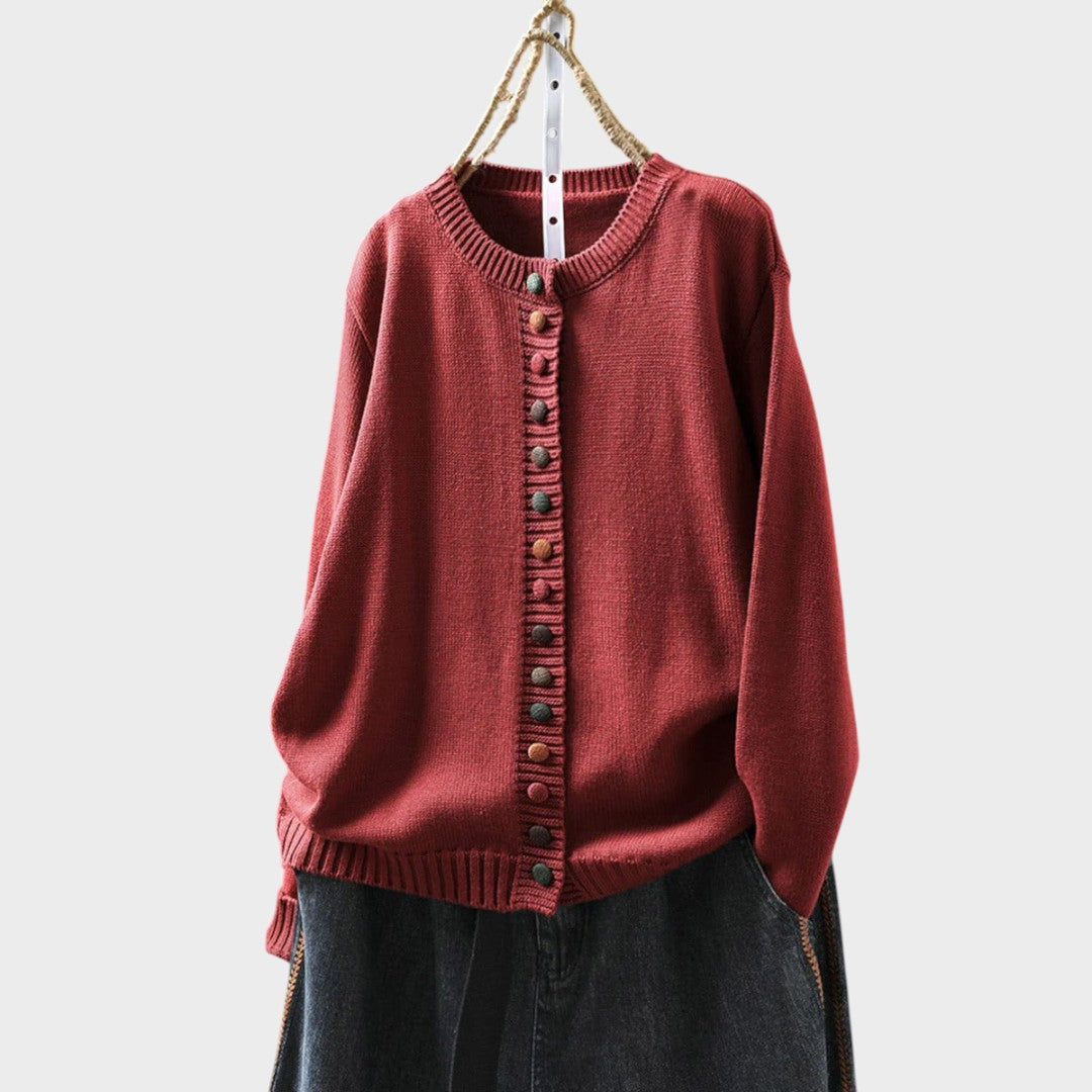 Elegant everyday cardigan in beige, dark brown and green tones with a clean, fitted silhouette