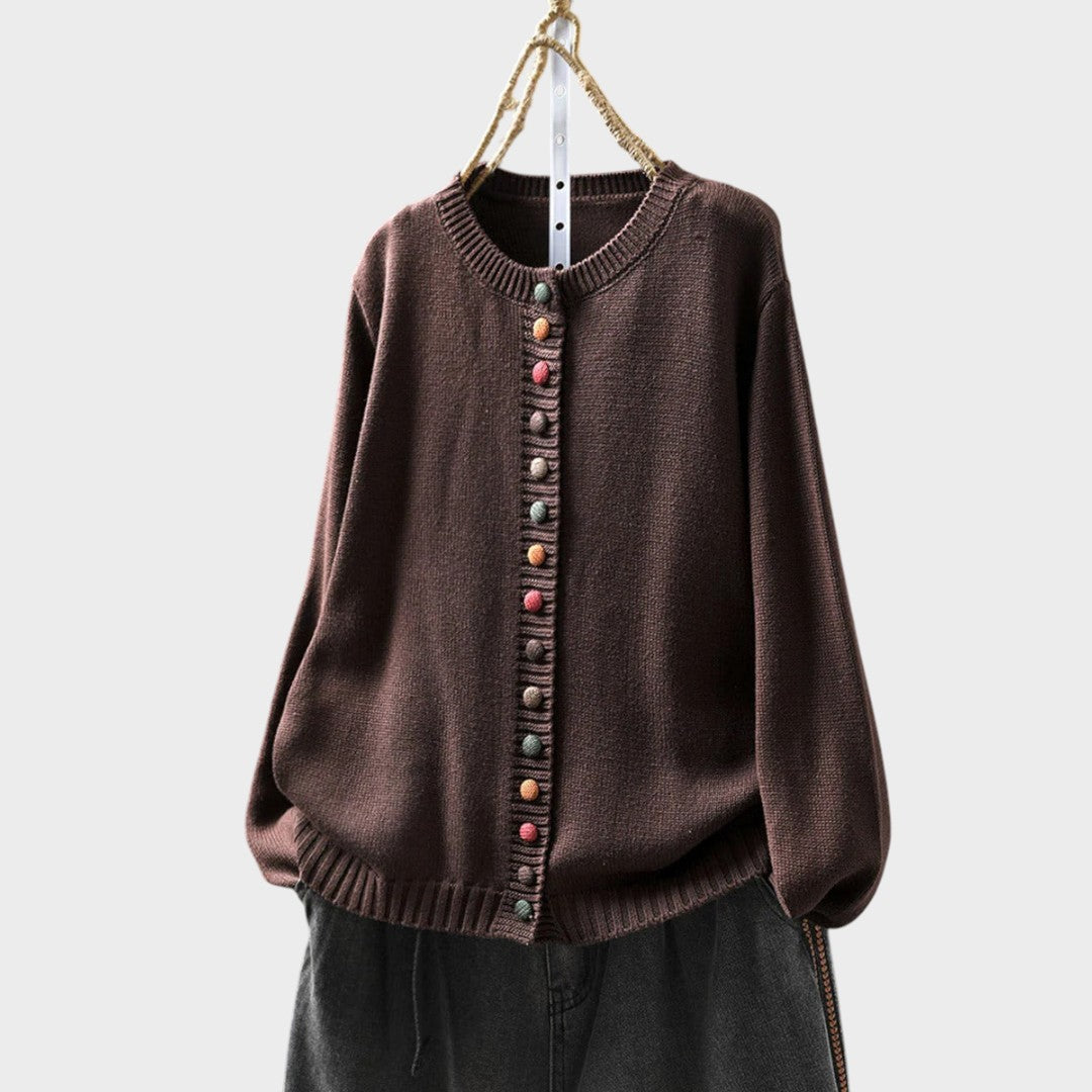Elegant everyday cardigan in beige, dark brown and green tones with a clean, fitted silhouette