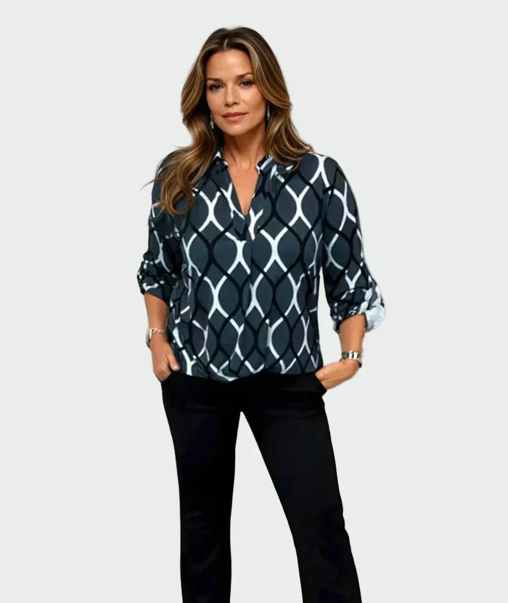 Long-sleeve blouse in brown with an elegant geometric print and a relaxed modern cut