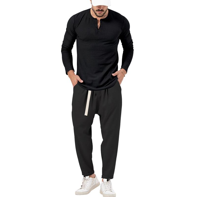 Men's matching Henley long-sleeve top and trousers set in a solid colour