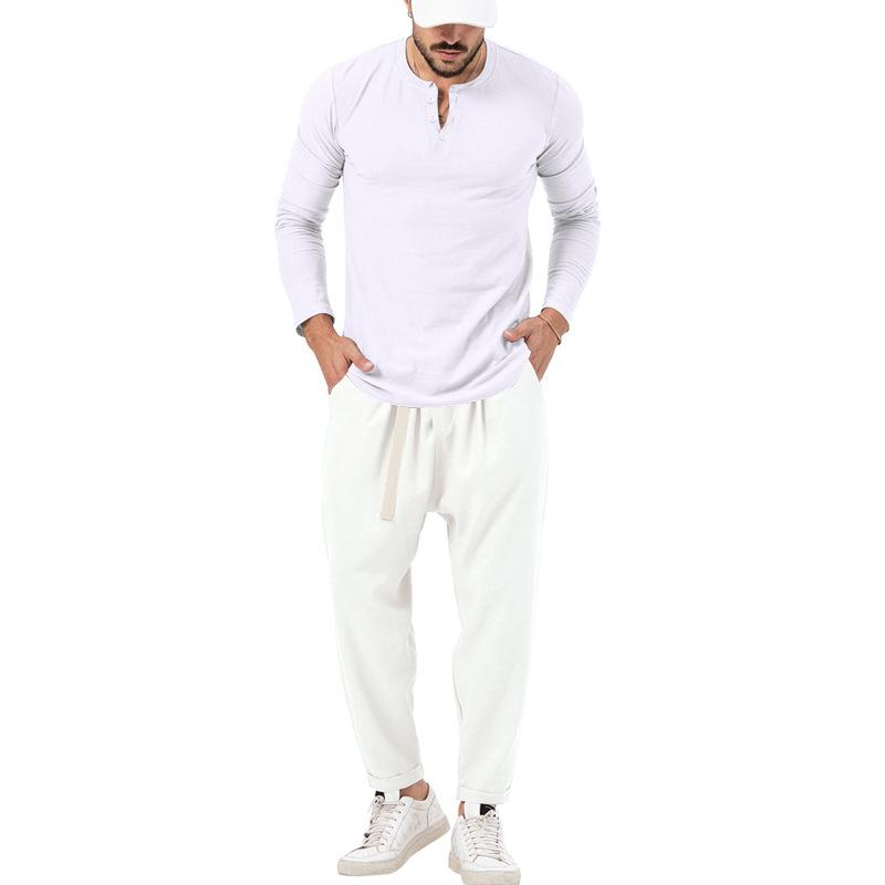 Men's matching Henley long-sleeve top and trousers set in a solid colour