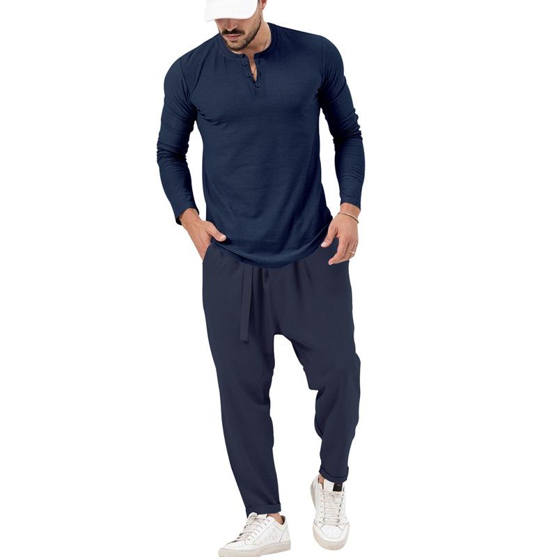 Men's matching Henley long-sleeve top and trousers set in a solid colour