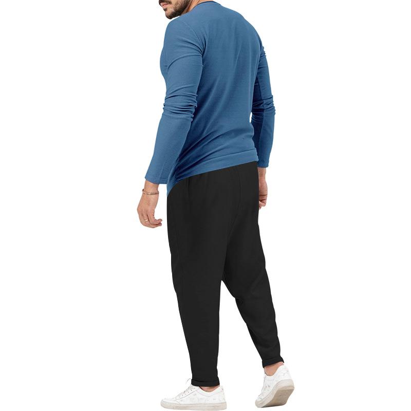 Men's matching Henley long-sleeve top and trousers set in a solid colour