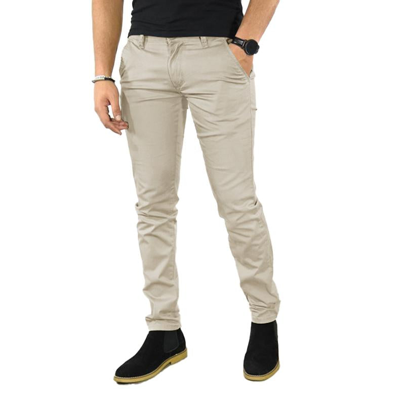 Men's plain casual trousers with zip fly in khaki, grey and black
