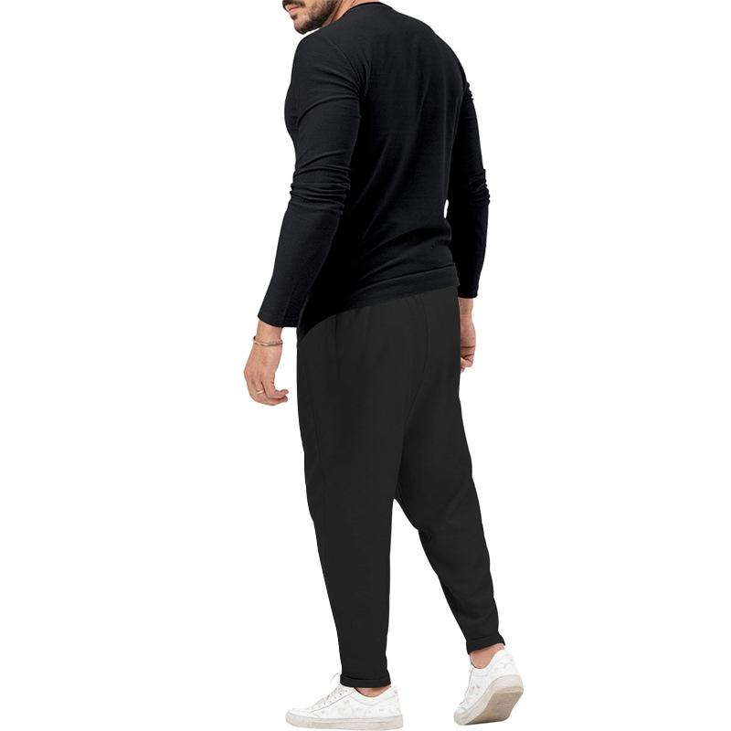 Men's matching Henley long-sleeve top and trousers set in a solid colour