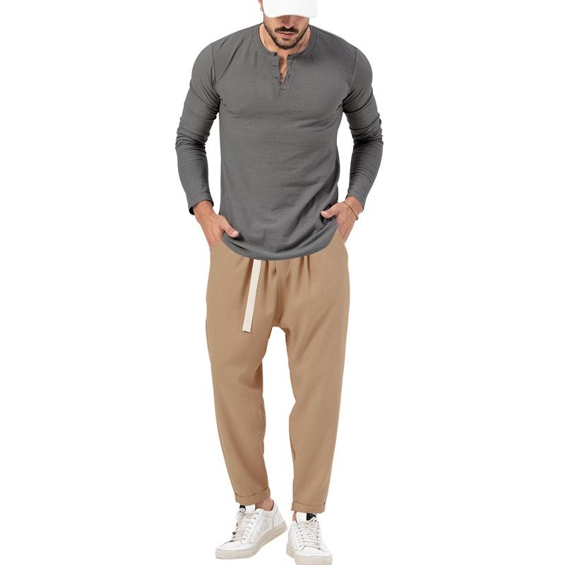 Men's matching Henley long-sleeve top and trousers set in a solid colour
