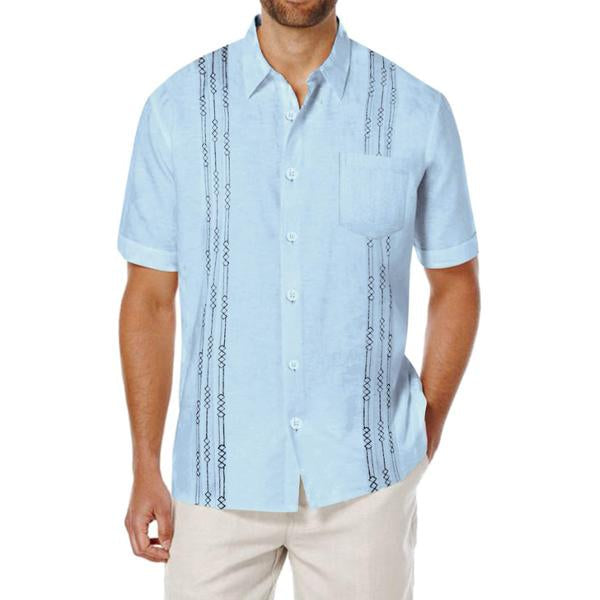 Men's short-sleeved shirt with subtle embroidered detailing in white