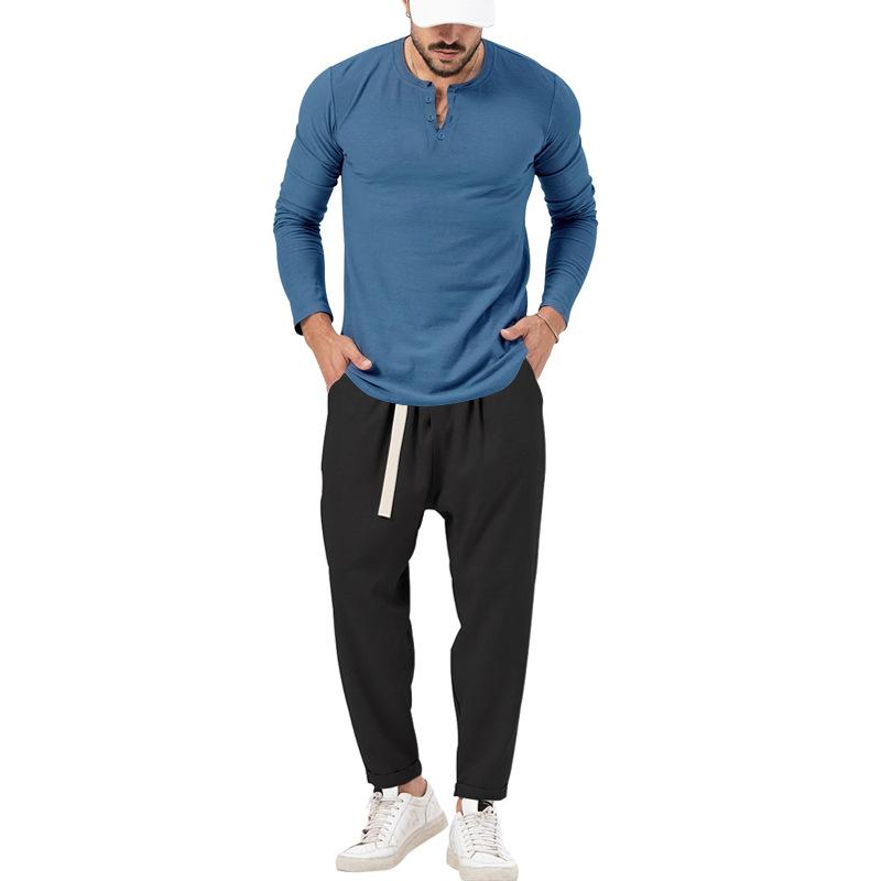 Men's matching Henley long-sleeve top and trousers set in a solid colour