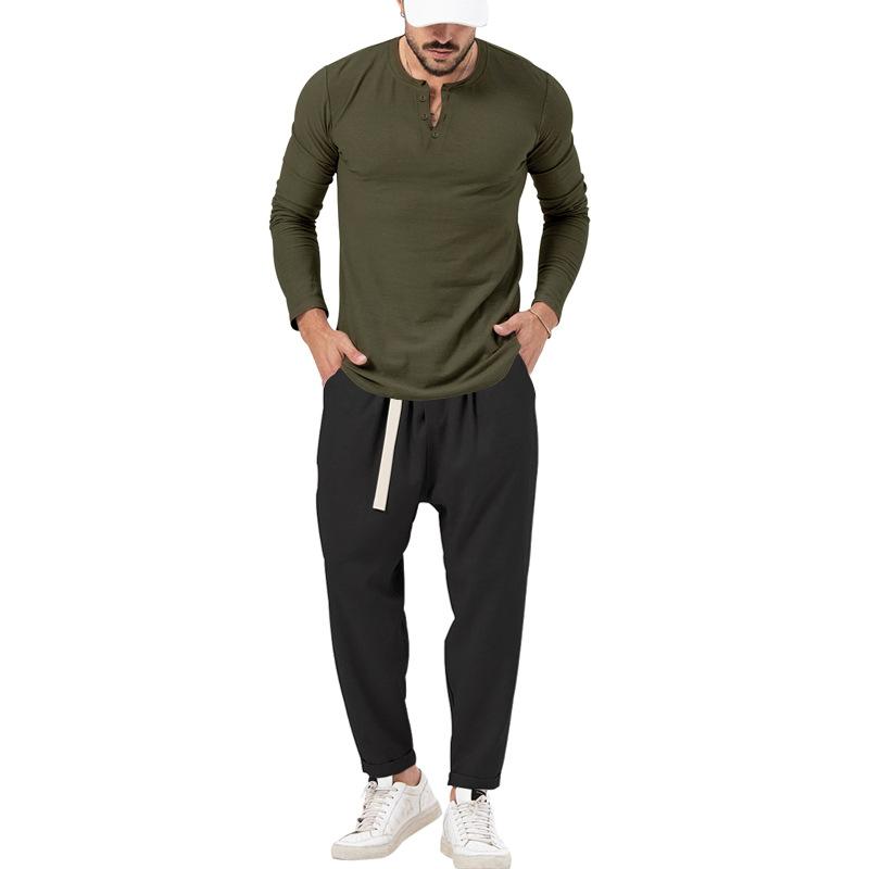 Men's matching Henley long-sleeve top and trousers set in a solid colour