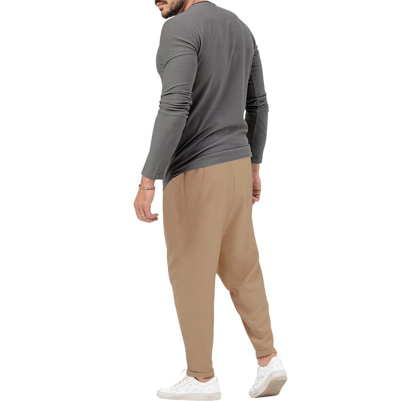Men's matching Henley long-sleeve top and trousers set in a solid colour
