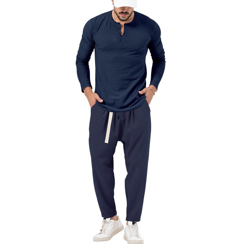 Men's matching Henley long-sleeve top and trousers set in a solid colour