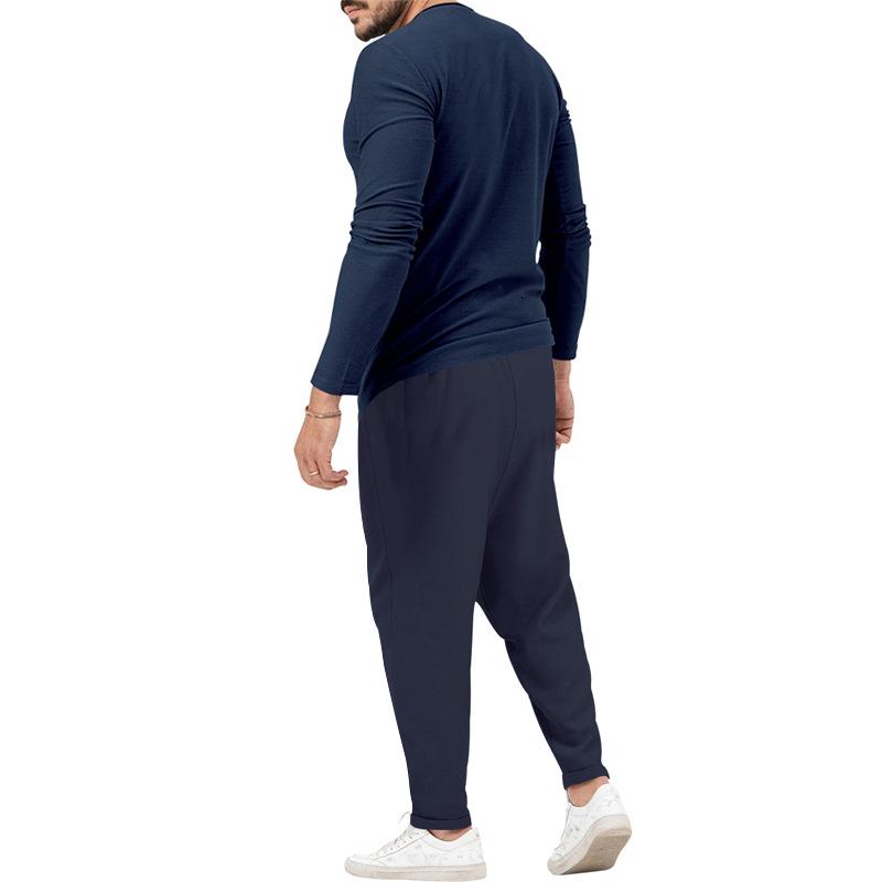 Men's matching Henley long-sleeve top and trousers set in a solid colour