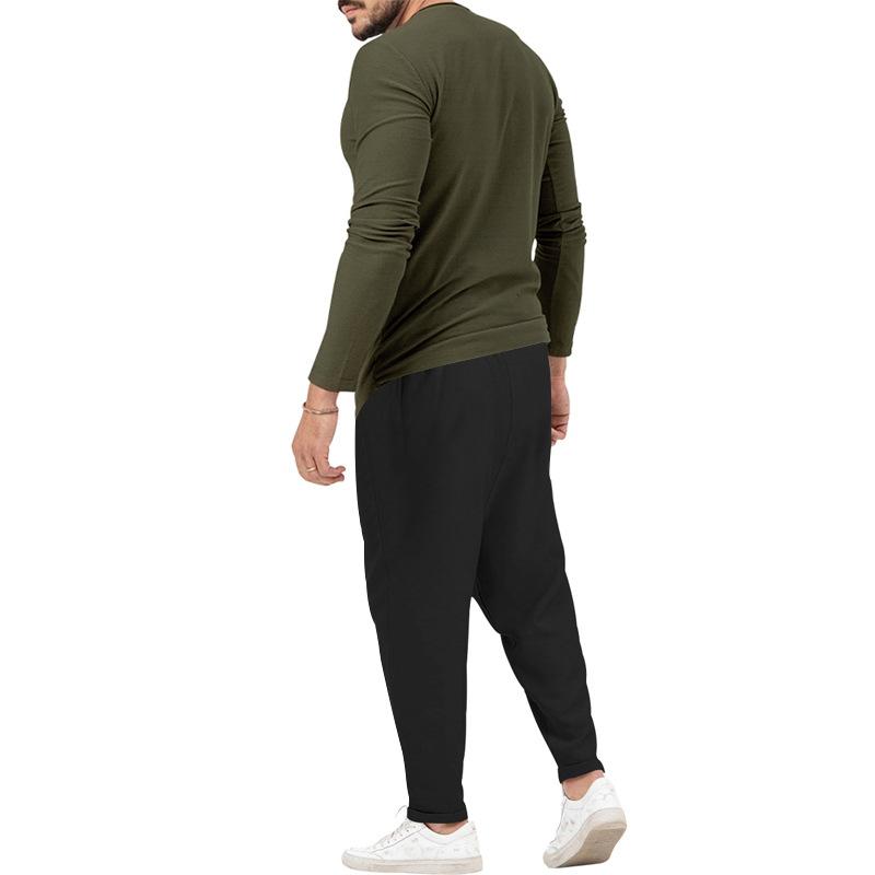 Men's matching Henley long-sleeve top and trousers set in a solid colour
