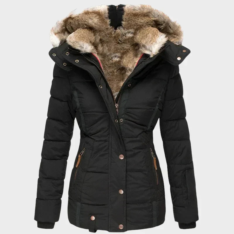 Elegant winter parka in beige, black and green with a flattering, well-structured silhouette
