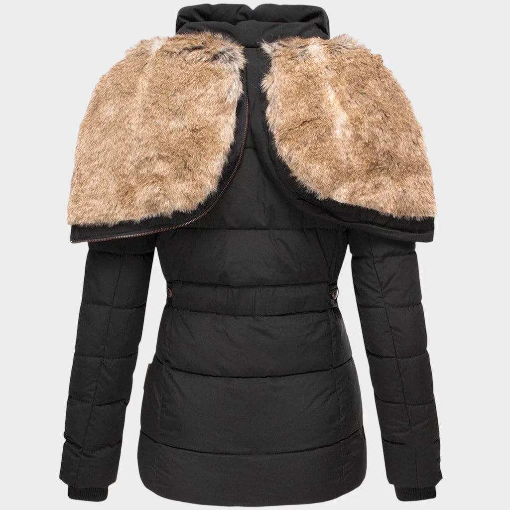 Elegant winter parka in beige, black and green with a flattering, well-structured silhouette