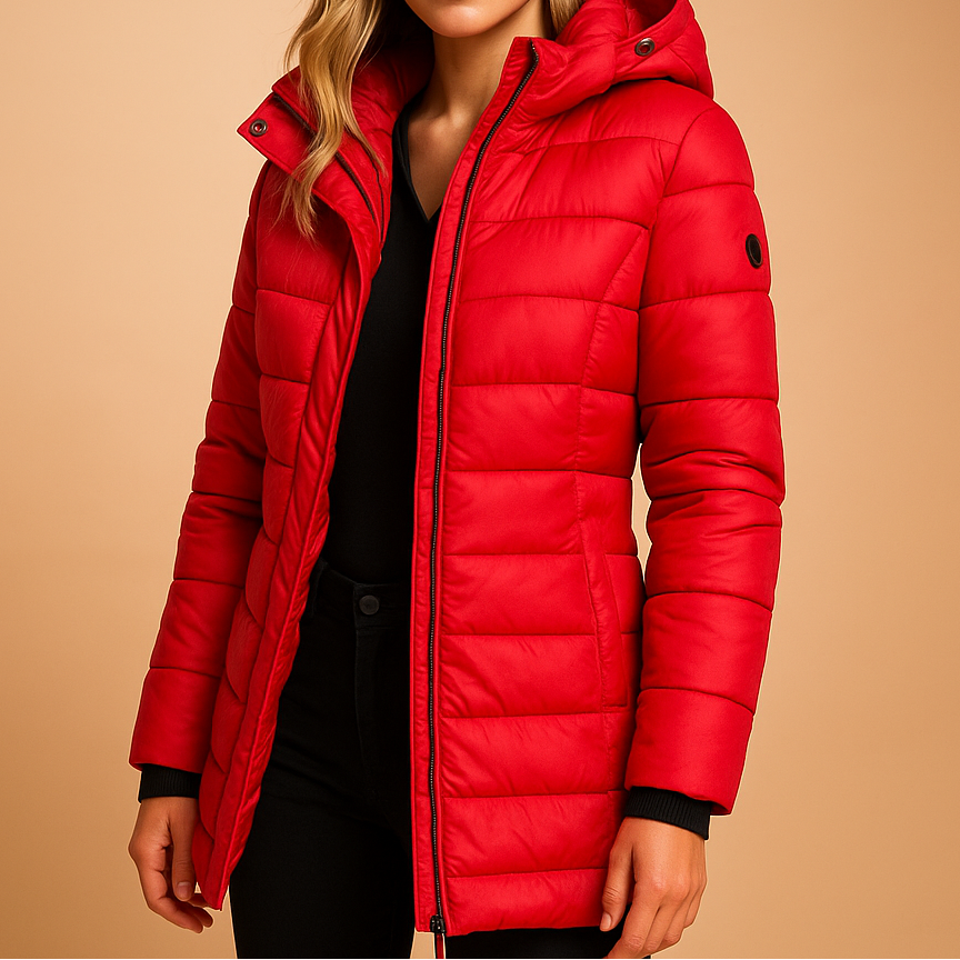 A woman wearing a lightweight puffer jacket, standing outdoors on a cool day