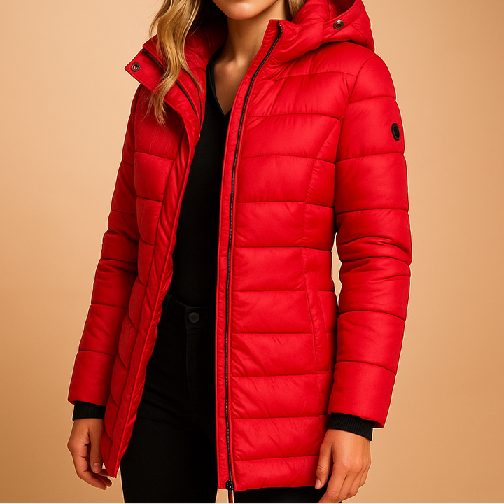 A woman wearing a lightweight puffer jacket, standing outdoors on a cool day
