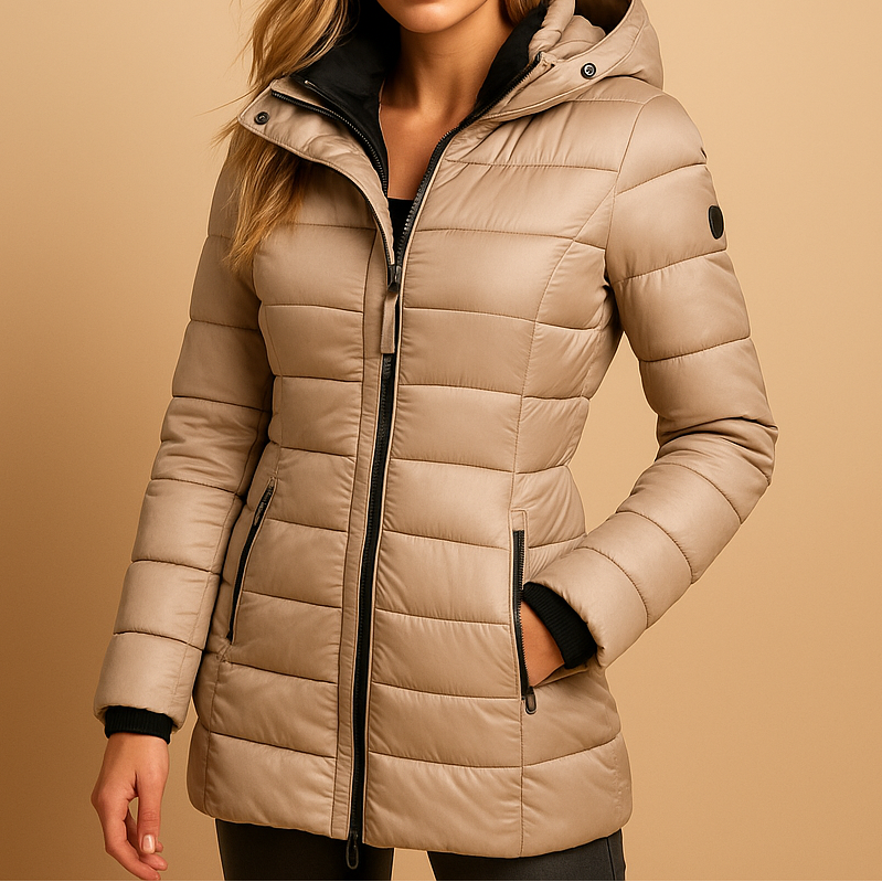 A woman wearing a lightweight puffer jacket, standing outdoors on a cool day