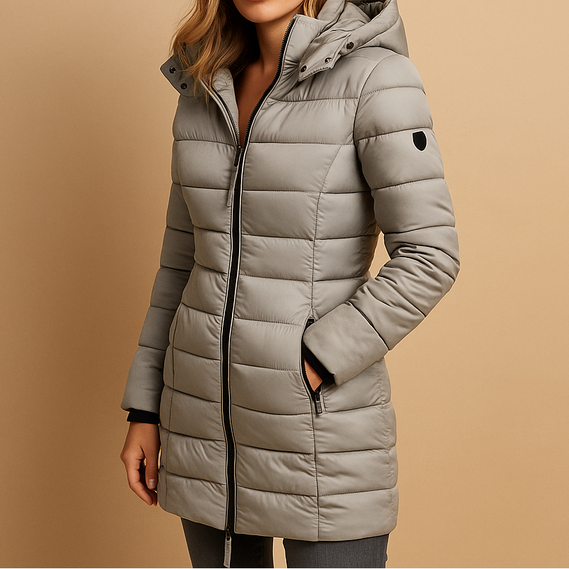 A woman wearing a lightweight puffer jacket, standing outdoors on a cool day