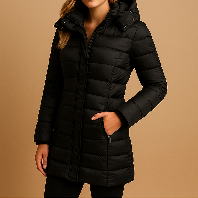A woman wearing a lightweight puffer jacket, standing outdoors on a cool day