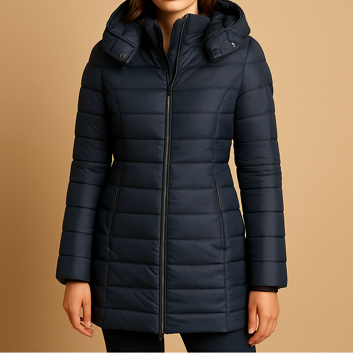 A woman wearing a lightweight puffer jacket, standing outdoors on a cool day