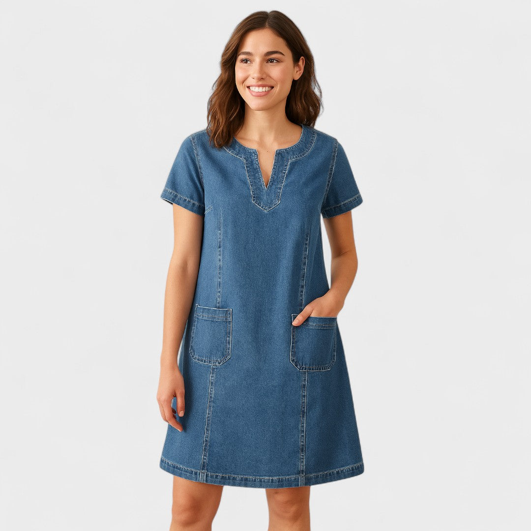 Light blue relaxed casual dress with an easy everyday silhouette