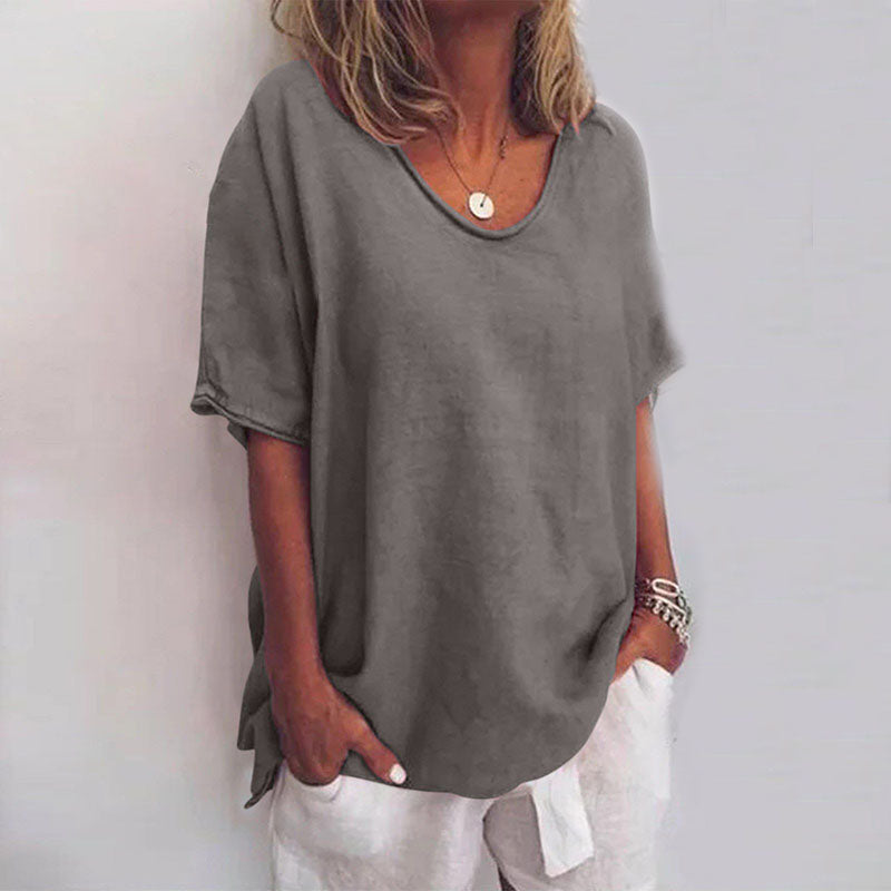 Dark grey relaxed-fit round-neck everyday top with a loose, floaty cut